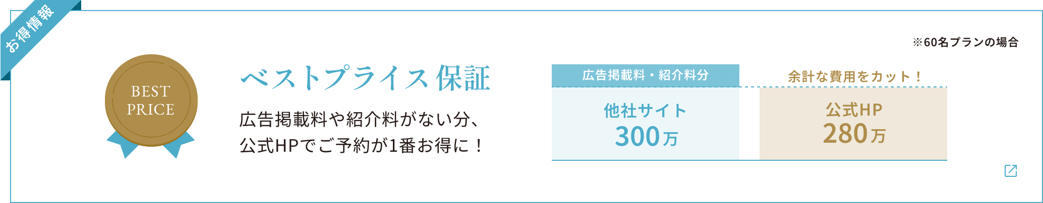 【お得情報】ベストプライス保証 広告掲載料や紹介料がない分、 公式HPでご予約が1番お得に! ※60名プランの場合 他社サイト300万(広告掲載料・紹介料分) 公式HP280万 余計な費用をカット!