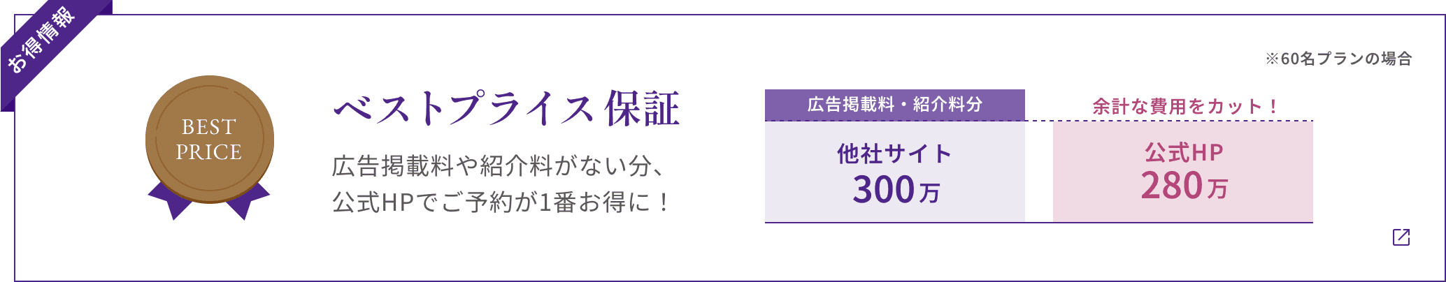 【お得情報】ベストプライス保証 広告掲載料や紹介料がない分、 公式HPでご予約が1番お得に! ※60名プランの場合 他社サイト300万(広告掲載料・紹介料分) 公式HP280万 余計な費用をカット!