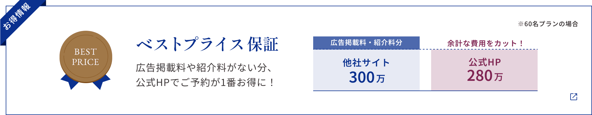 【お得情報】ベストプライス保証 広告掲載料や紹介料がない分、 公式HPでご予約が1番お得に! ※60名プランの場合 他社サイト300万(広告掲載料・紹介料分) 公式HP280万 余計な費用をカット!